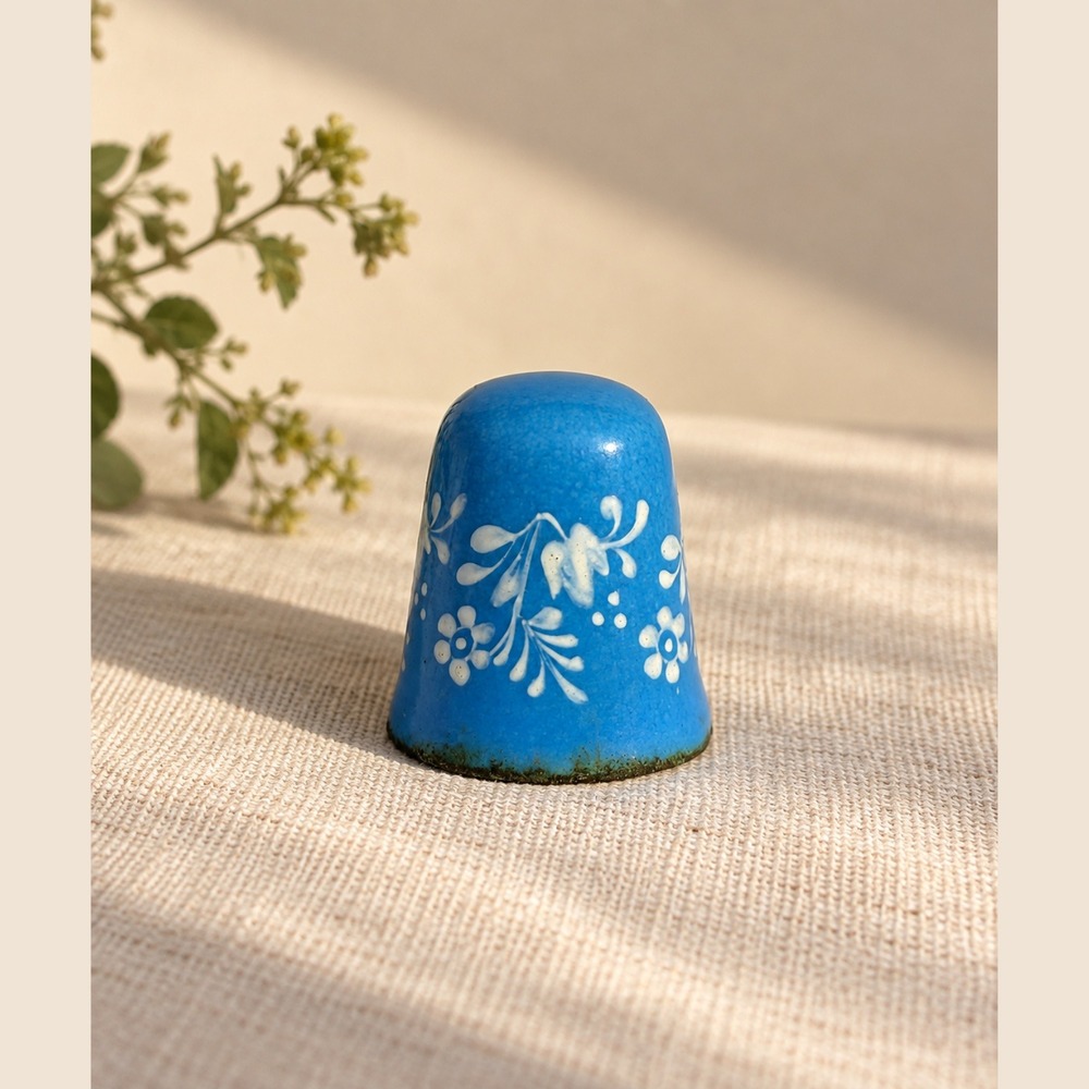 VTG Austria Blue Enamel Hand Painted Floral Sewing Thimble Collectible Trinket